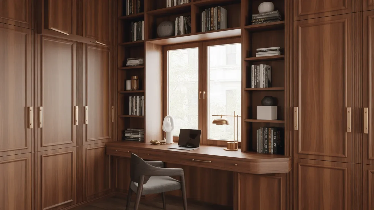 A room featuring wooden cabinets and a desk, creating a warm and organized workspace atmosphere.