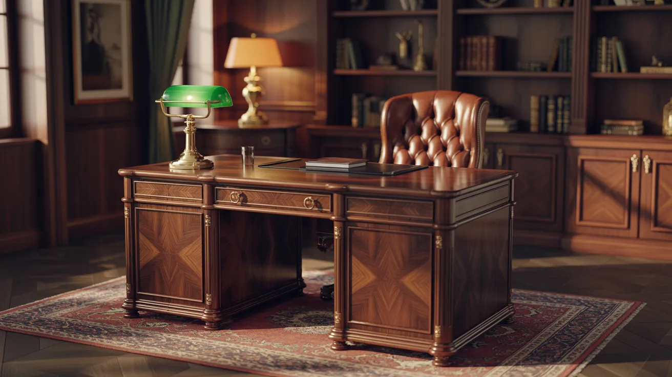  A desk featuring a lamp and a bookcase filled with various books in a cozy workspace.