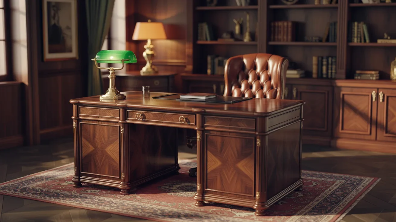A desk featuring a lamp and a bookcase filled with various books in a cozy workspace.
