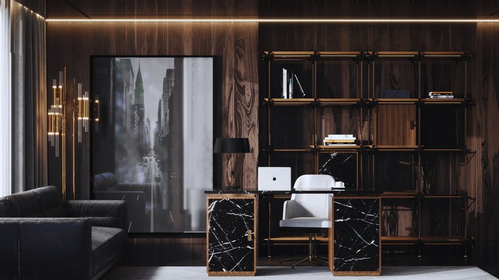 A sleek modern office featuring elegant black and white marble flooring and walls, creating a sophisticated atmosphere.