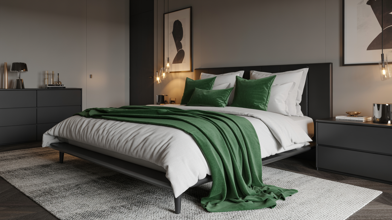 A stylish bedroom featuring green and black decor, showcasing a modern and cohesive color scheme.