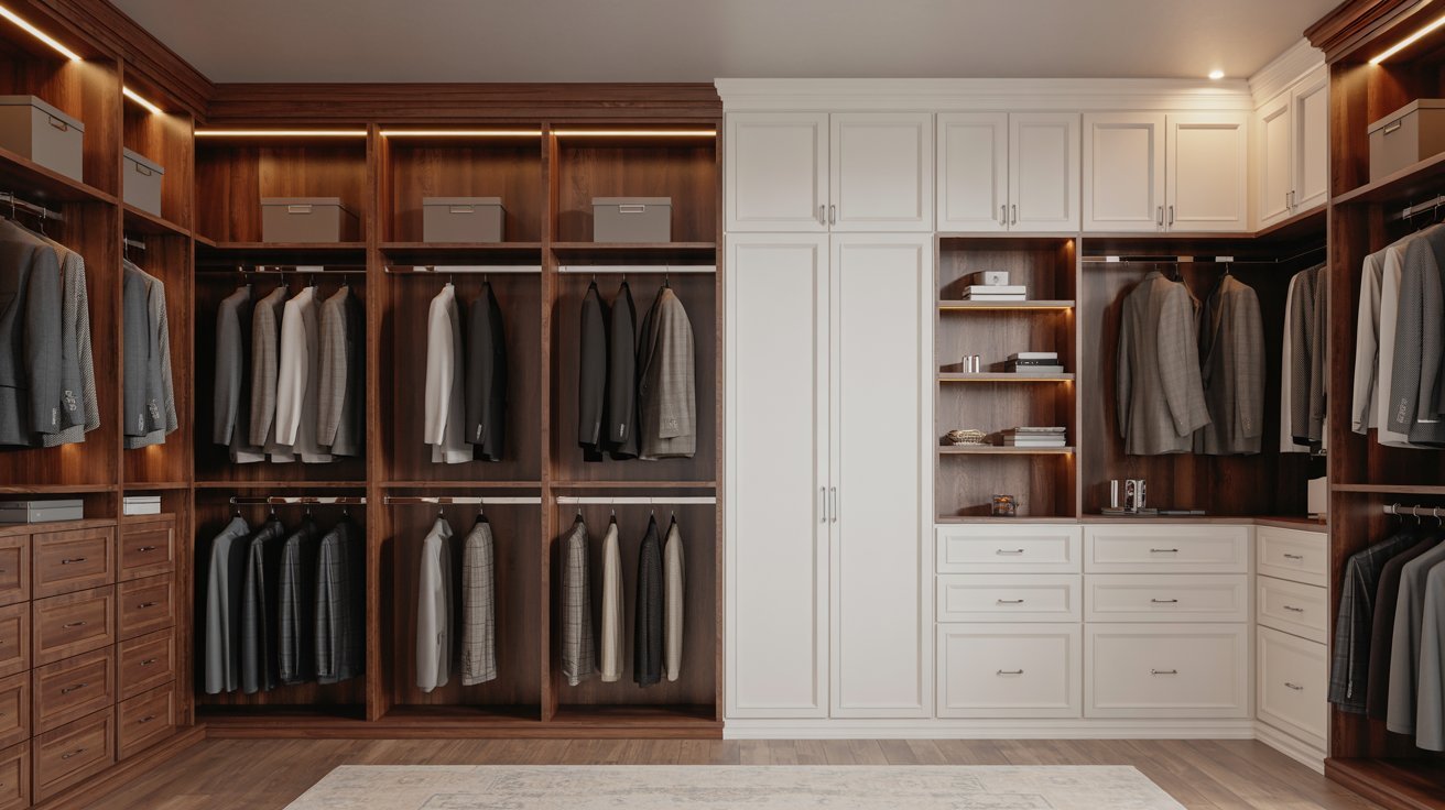 A spacious walk-in closet featuring a wooden floor and white walls, providing a bright and organized storage space.