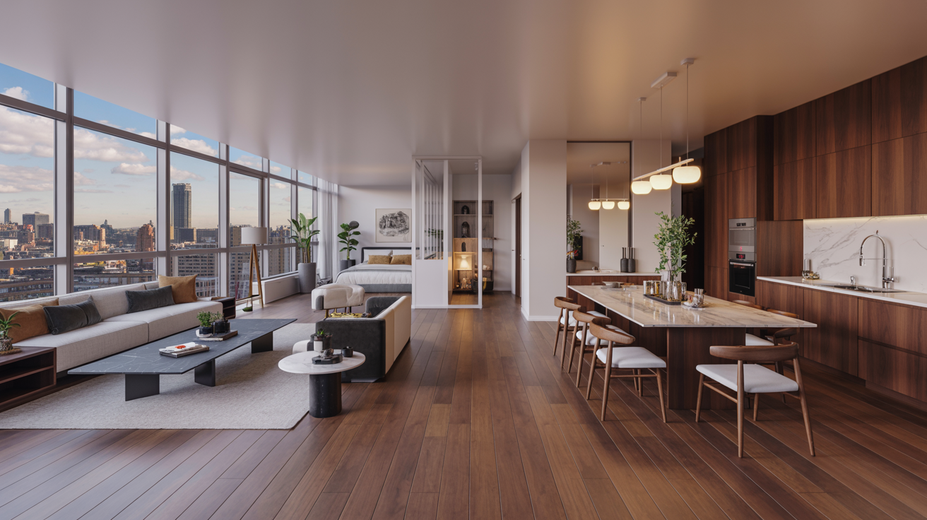  A modern living room featuring contemporary furniture and a panoramic view of the city skyline through large windows.