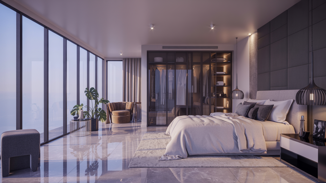 A stylish bedroom showcasing a large window that overlooks the serene ocean landscape.