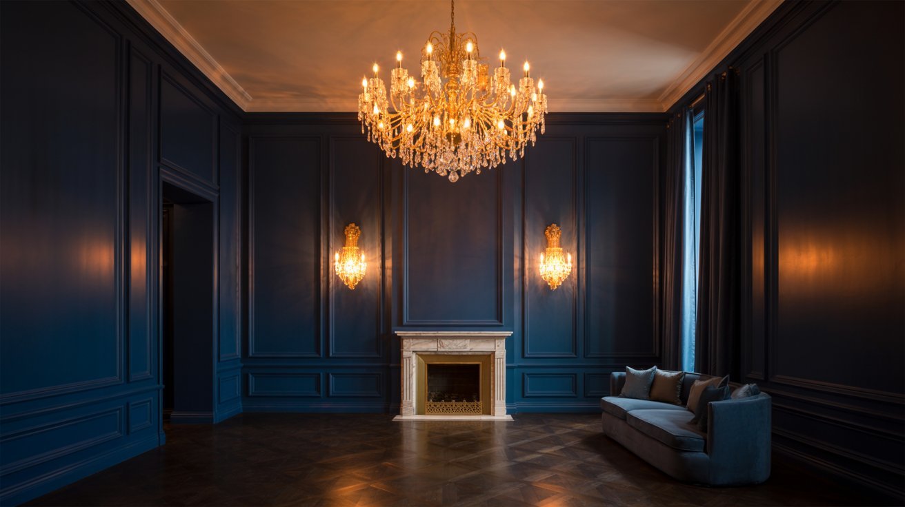 A blue room featuring an elegant chandelier and a stylish couch, creating a sophisticated atmosphere.