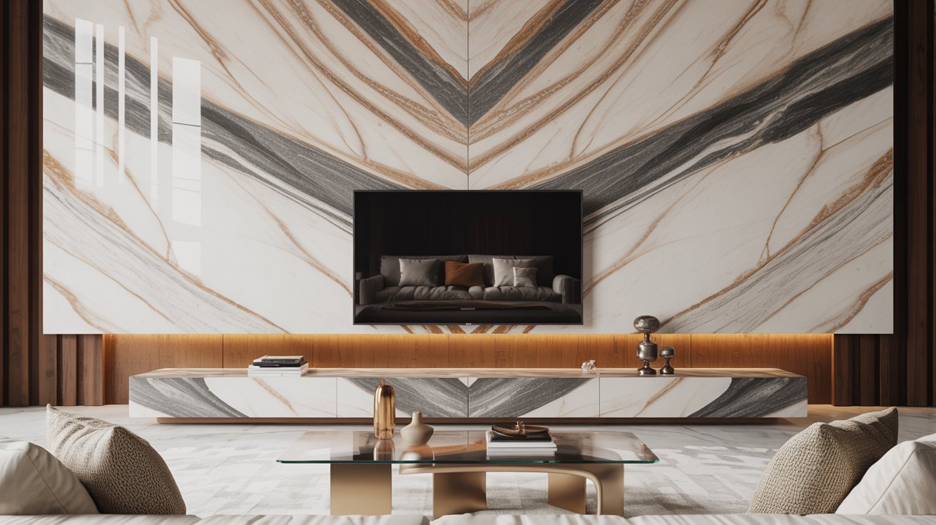 A modern living room featuring sleek marble walls and a large flat-screen television as the focal point.