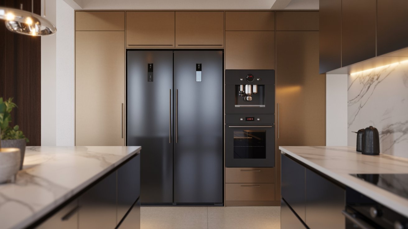 A modern kitchen featuring a sleek black refrigerator and elegant marble countertops.