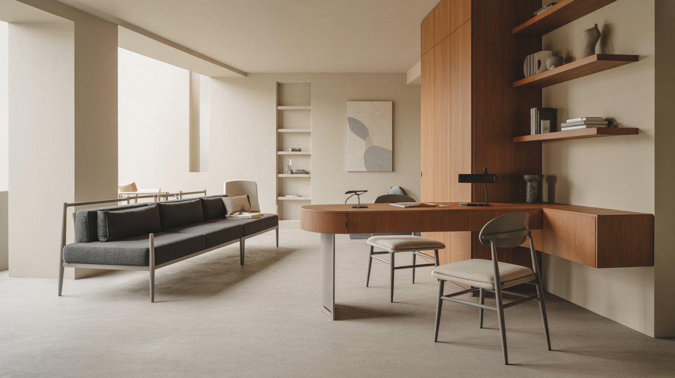 A modern office featuring a wooden desk and matching chairs, designed for a professional work environment.