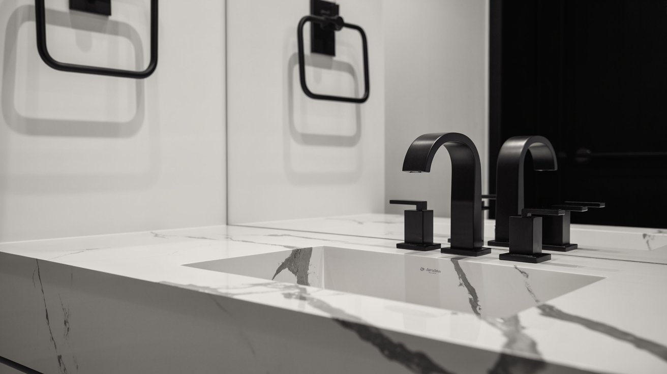 A black and white photo of a bathroom sink, featuring a sleek faucet and a clean countertop.