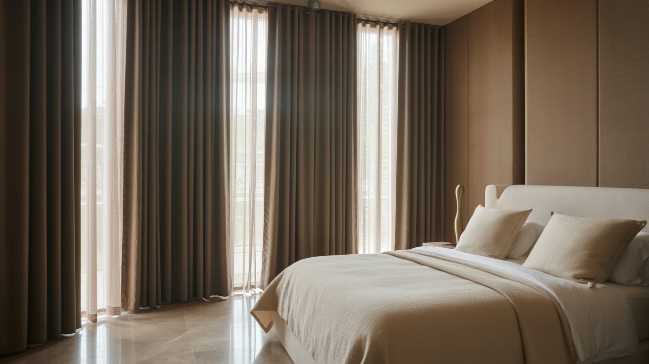 A well-decorated bedroom with a sizable bed and flowing curtains, creating a warm and comfortable environment.