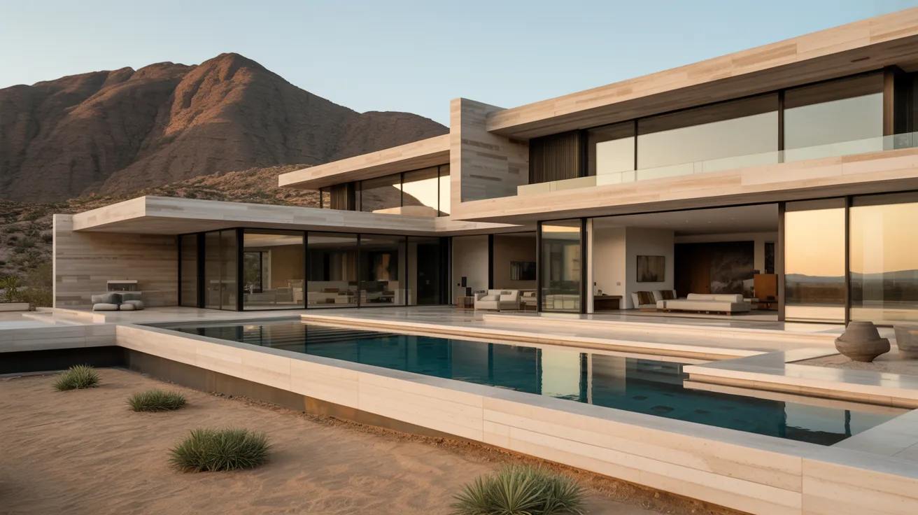 A contemporary home surrounded by towering mountains, showcasing a serene natural landscape.