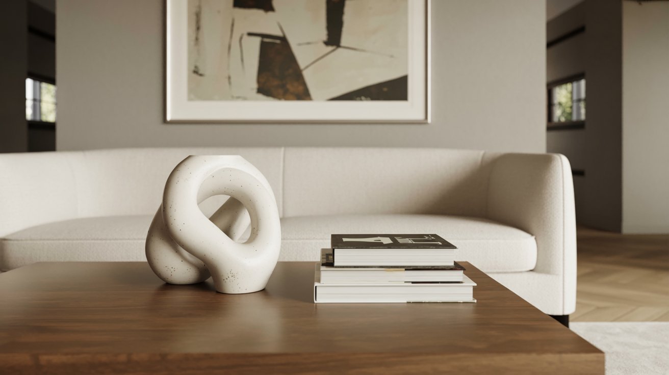A stylish living room with a white couch and a vase on a table, emphasizing comfort and elegance.