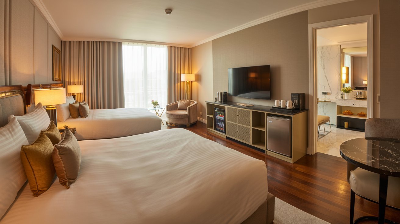  hotel room featuring two beds and a television, designed for comfort and relaxation.
