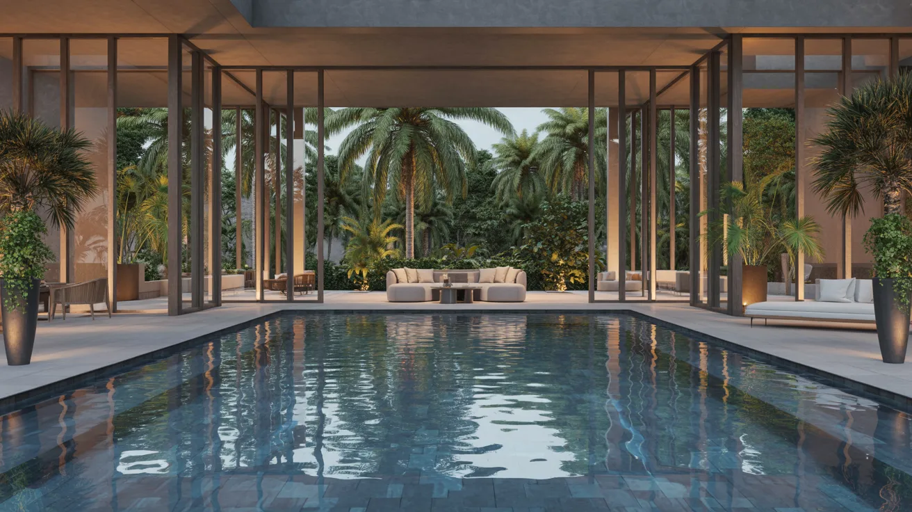 A modern home's pool surrounded by palm trees, showcasing a serene and tropical outdoor living space.