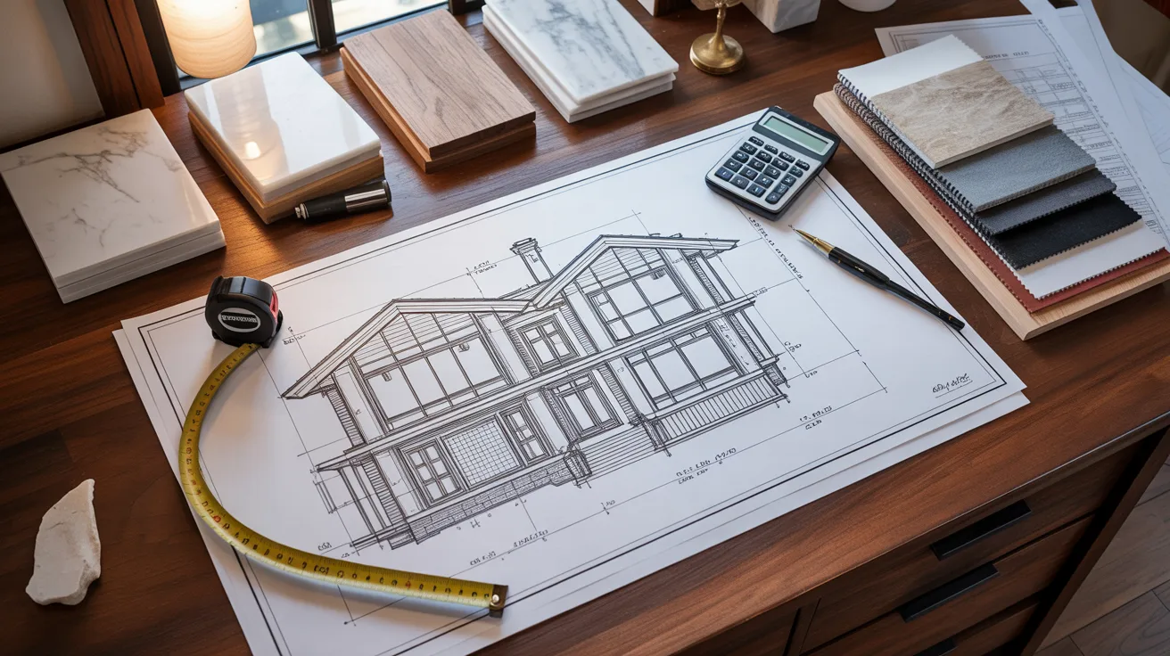 A desk featuring a ruler, a pencil, and a detailed blueprint spread out for design work.