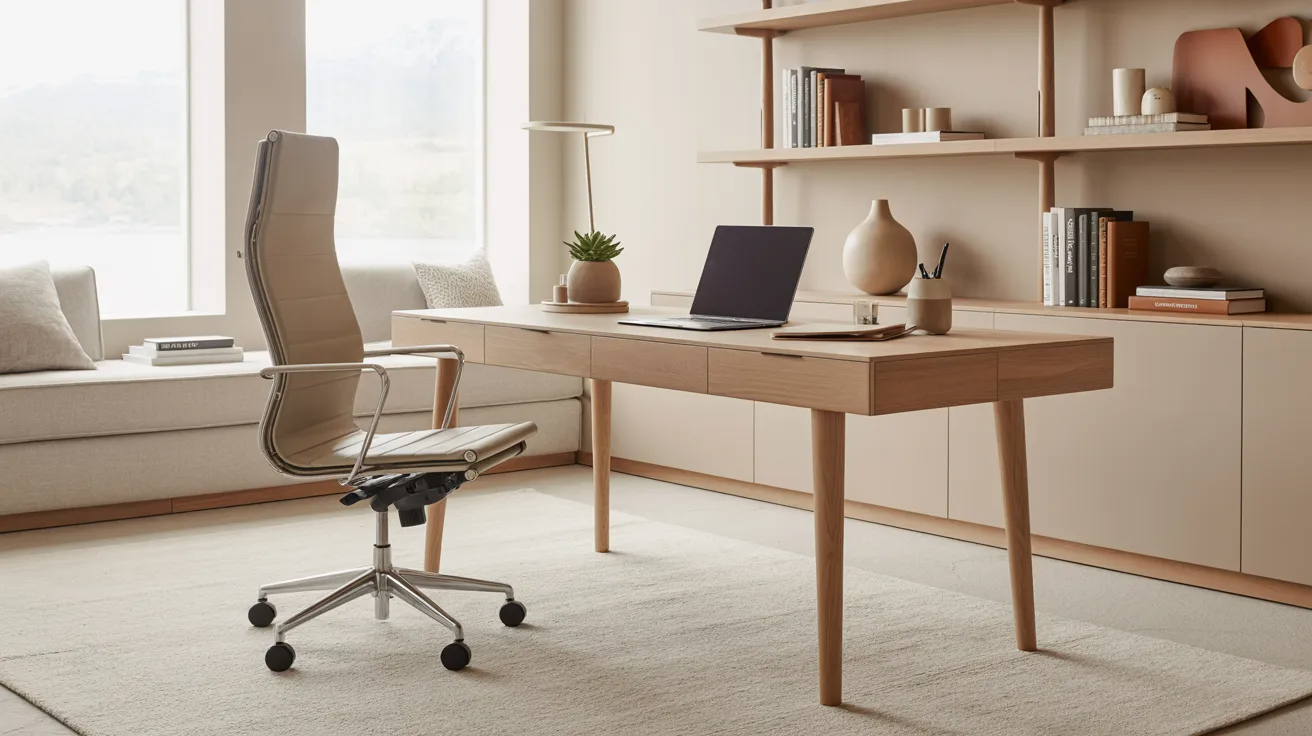 A contemporary home office setup with a minimalist desk and comfortable chair.