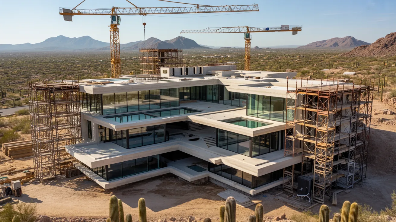 A modern house under construction in a vast desert landscape, showcasing scaffolding and building materials.