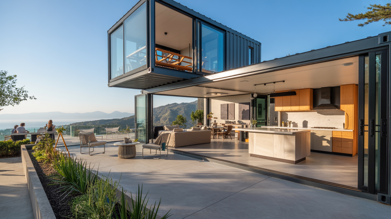 A modern container home in California, showcasing sleek design and eco-friendly architecture amidst a sunny landscape.