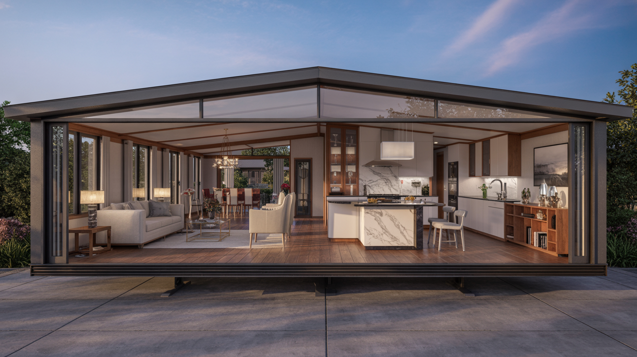 A contemporary home featuring expansive glass walls and a modern kitchen, showcasing sleek design and open space.