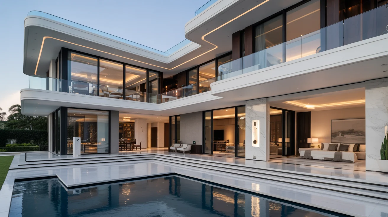 A contemporary home featuring a swimming pool and expansive glass walls, blending indoor and outdoor living.