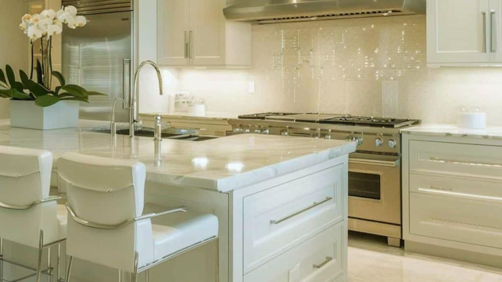 A stylish kitchen with pristine white cabinets and stainless steel appliances, highlighting a clean and functional environment.