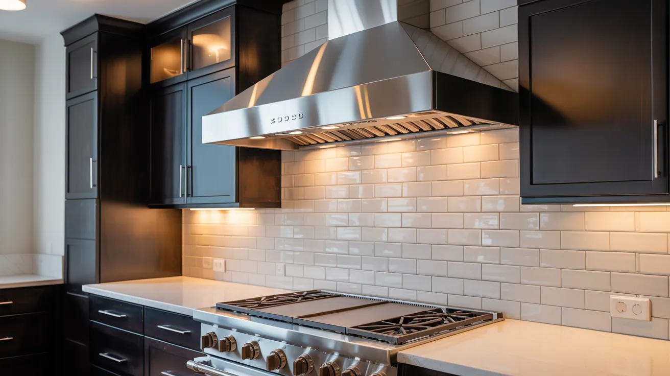 A modern kitchen featuring sleek black cabinets and a stainless steel range hood above the cooking area.
