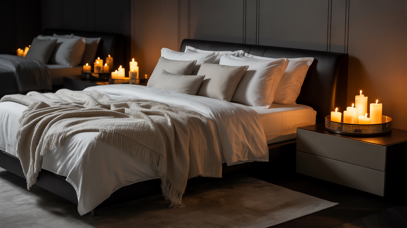 A cozy bedroom featuring a neatly made bed flanked by two stylish nightstands.