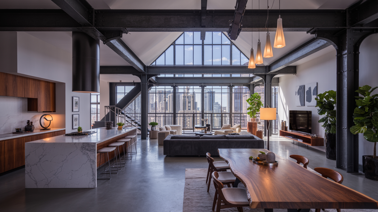 Bright open concept apartment showcasing high ceilings and large windows, offering a modern and inviting living space.