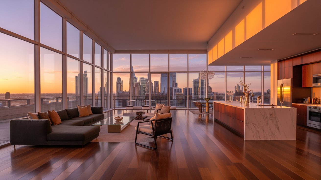 A cozy living room featuring large windows that showcase a stunning view of the city skyline.