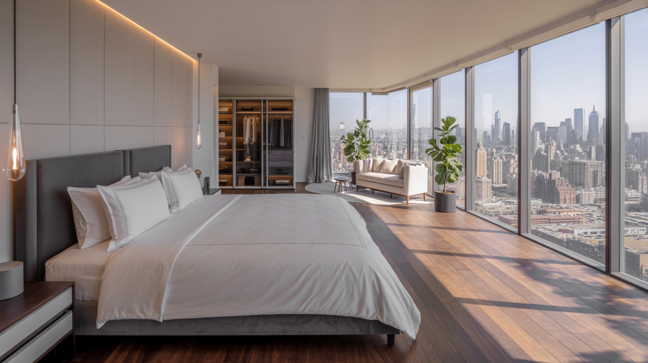 A cozy bedroom featuring a large window with a panoramic view of the city skyline.