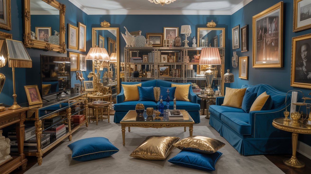 A blue living room featuring elegant gold furniture and framed pictures on the walls.
