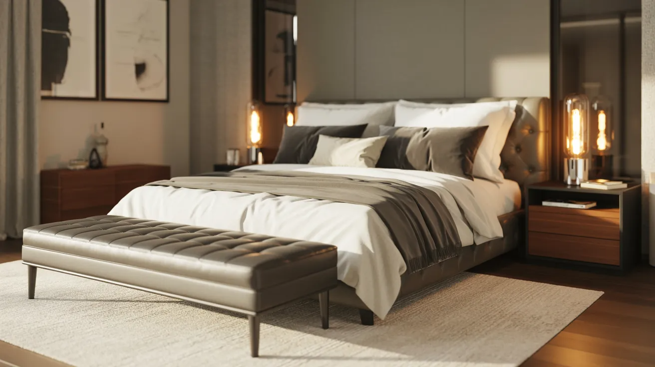 A contemporary bedroom showcasing a bed, a sleek nightstand, and a decorative bench positioned beside the bed.