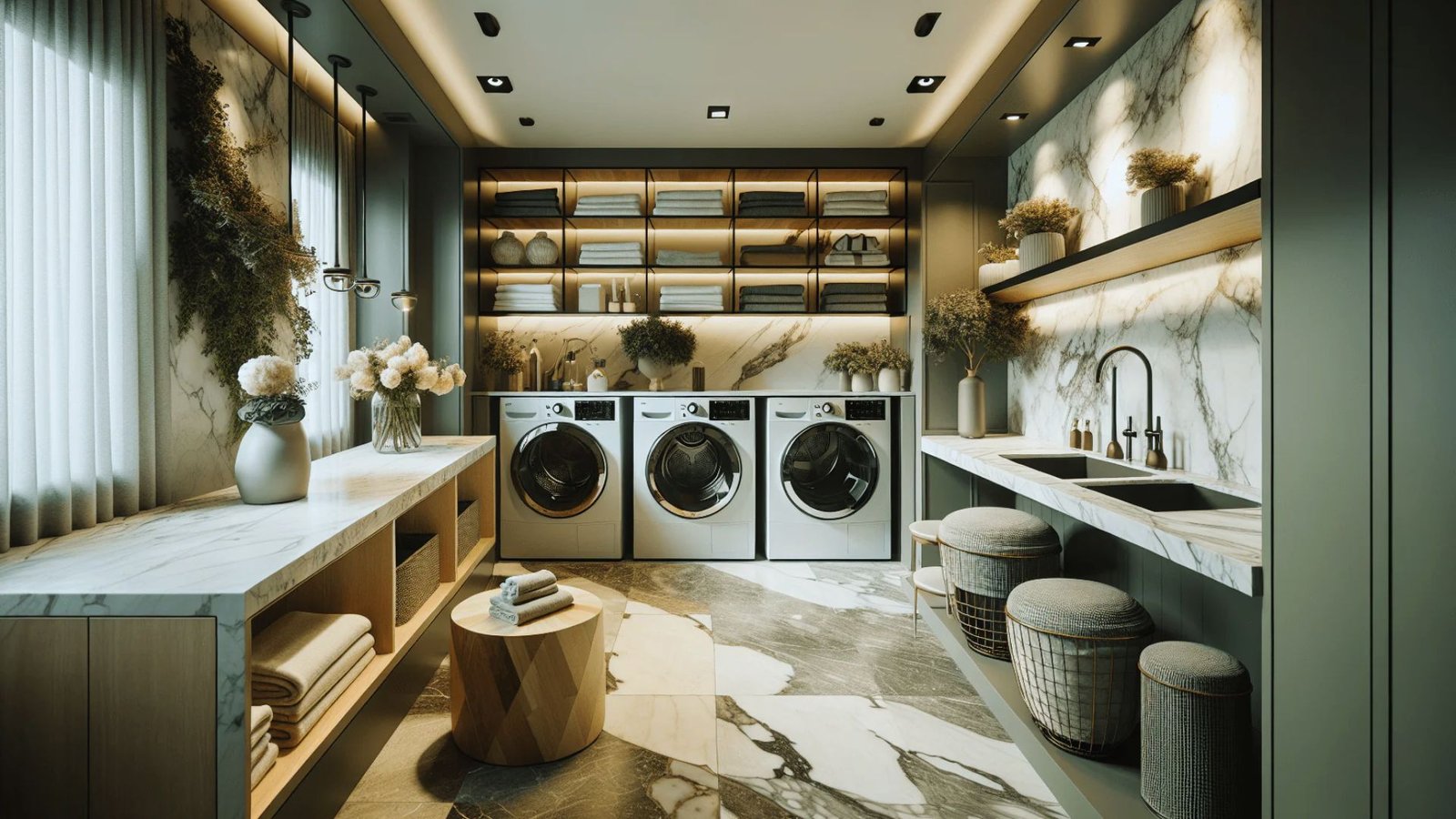  Contemporary laundry room showcasing a washer and dryer, designed for efficiency and style.