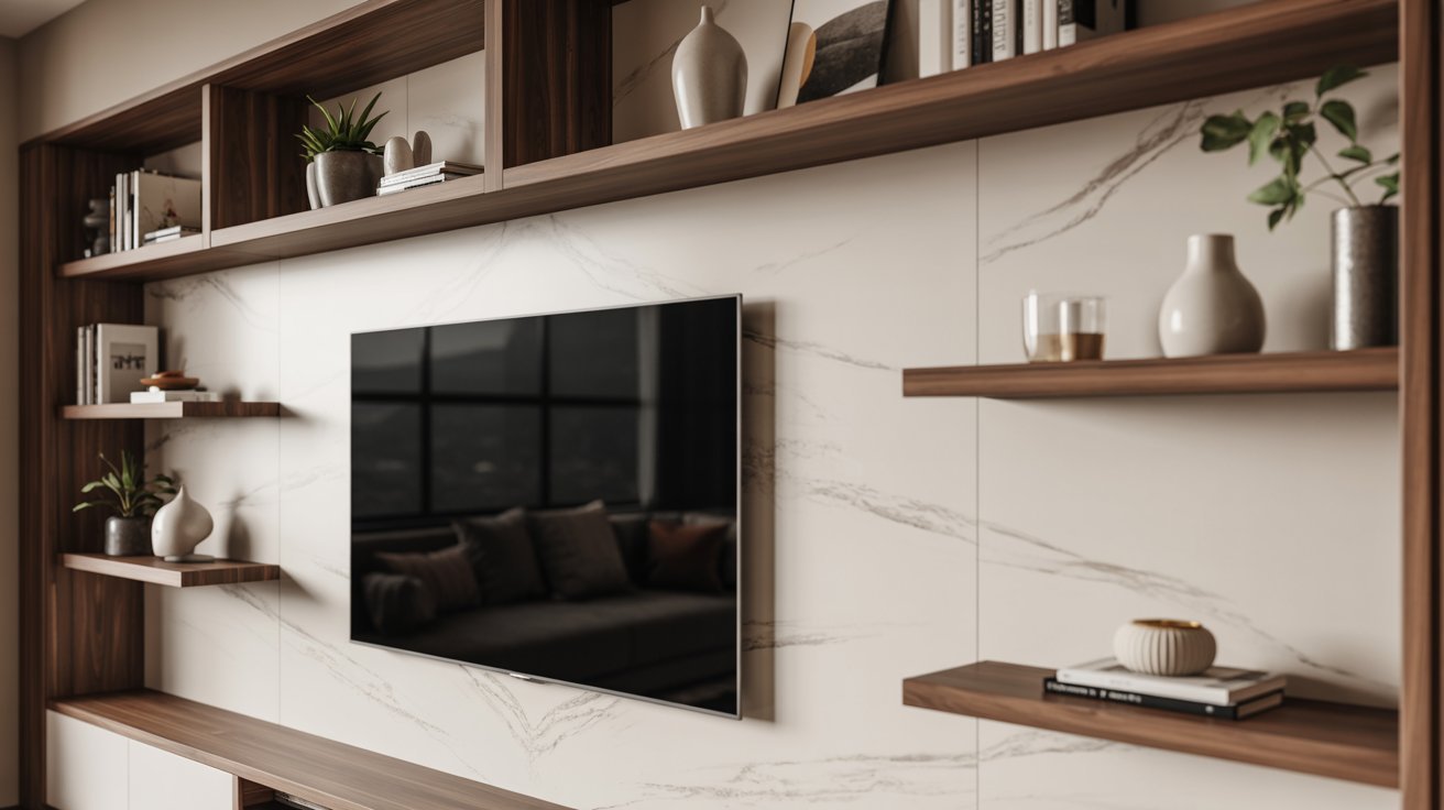 Stylish living room showcasing organized shelves and a television, reflecting a modern aesthetic and cozy ambiance