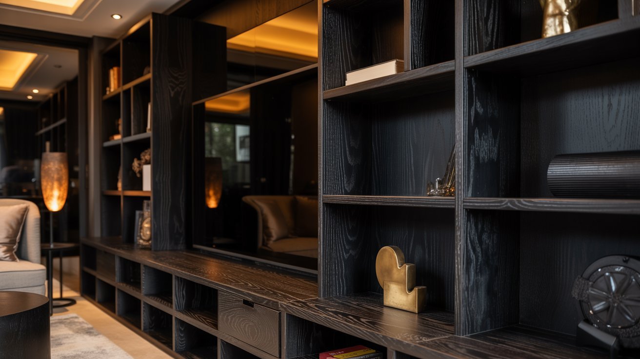 A living room featuring black bookcases and a comfortable couch, creating a modern and inviting atmosphere.