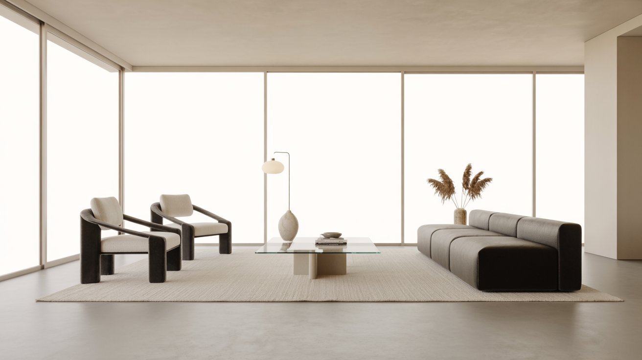 A well-lit living room showcasing a large window and elegant white walls, enhancing the sense of space.