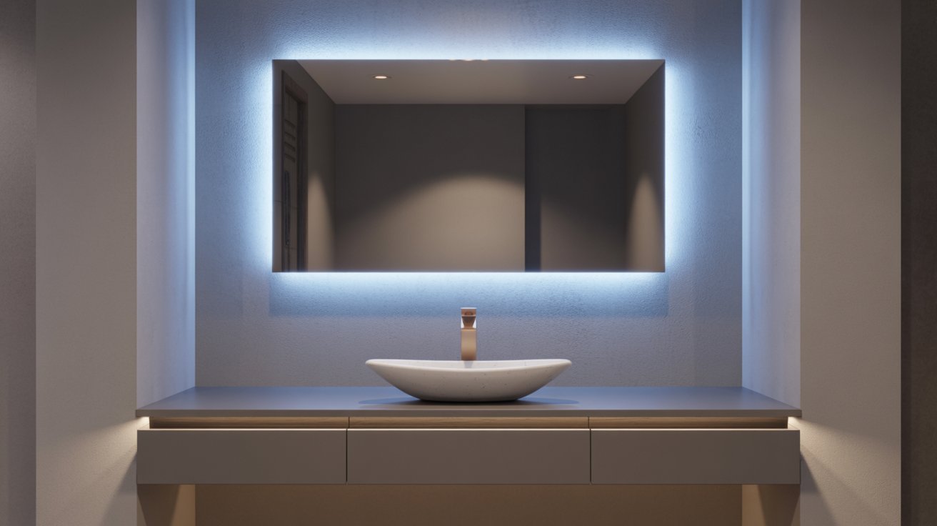 A sleek modern bathroom featuring a lighted mirror above a stylish sink and contemporary fixtures.