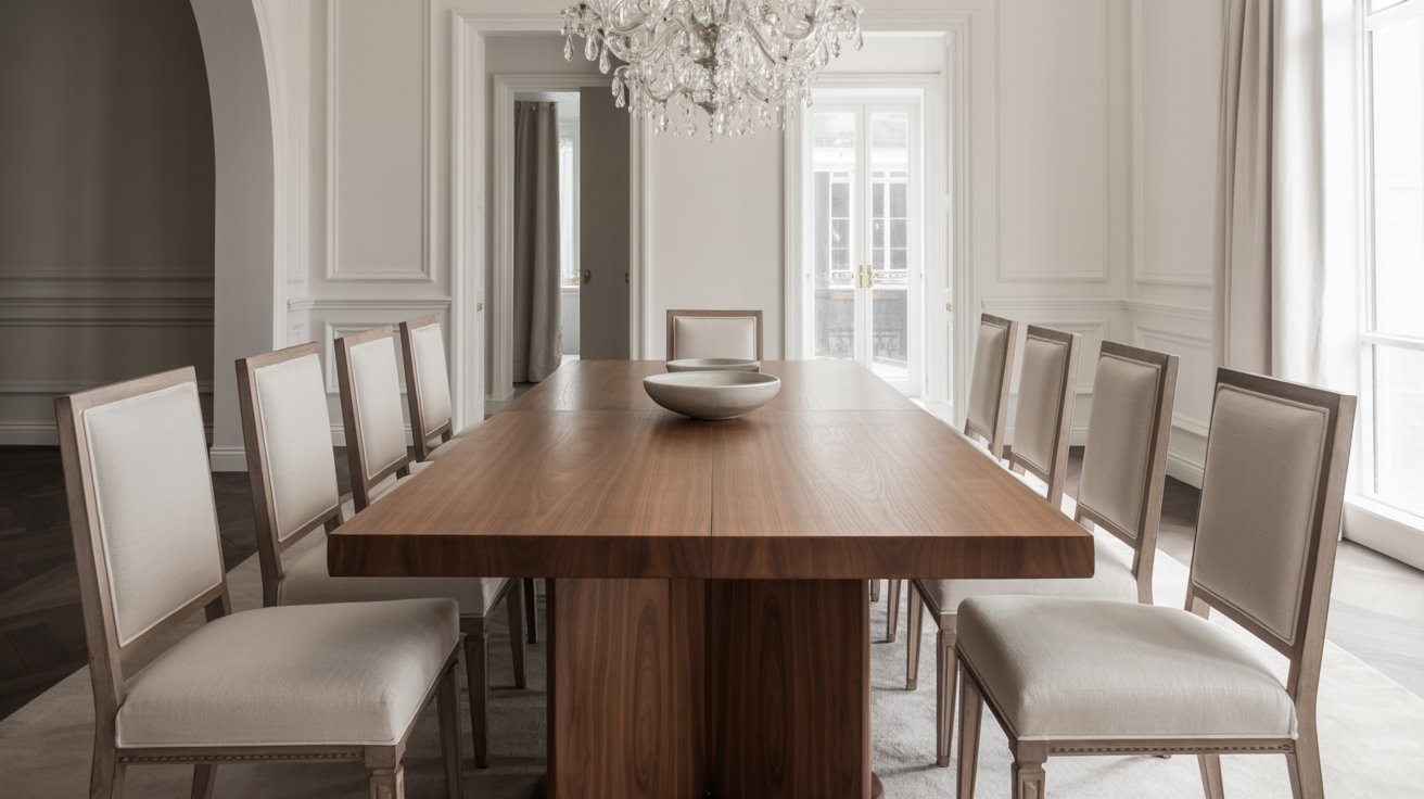 A dining room featuring a table with chairs and an elegant chandelier hanging above.