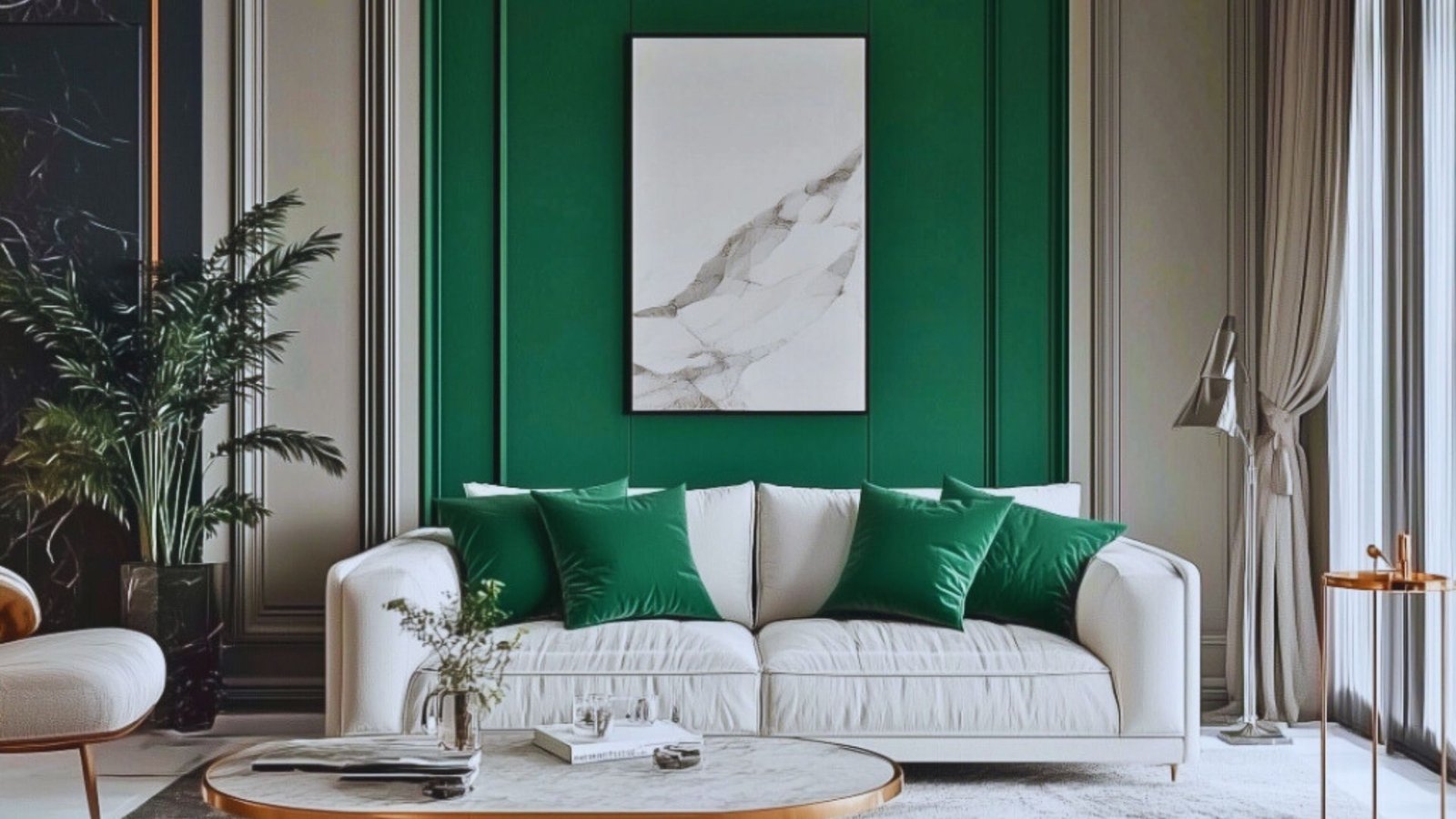 A living room featuring green walls and stylish white furniture, creating a fresh and modern atmosphere.