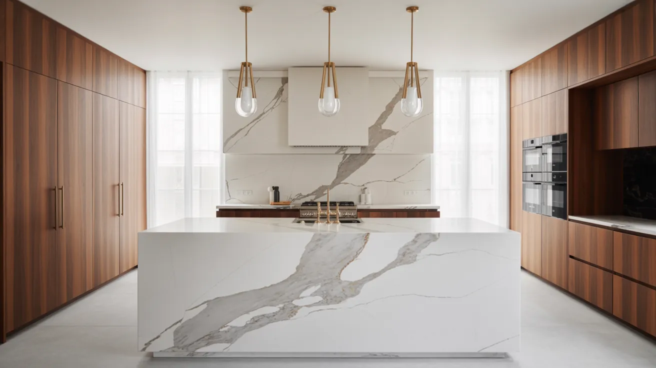 A contemporary kitchen with luxurious marble countertops and classic wooden cabinets.