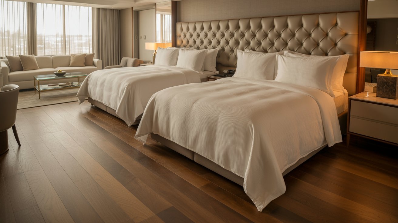 Two beds in a hotel room with a panoramic view of the city skyline through large windows.