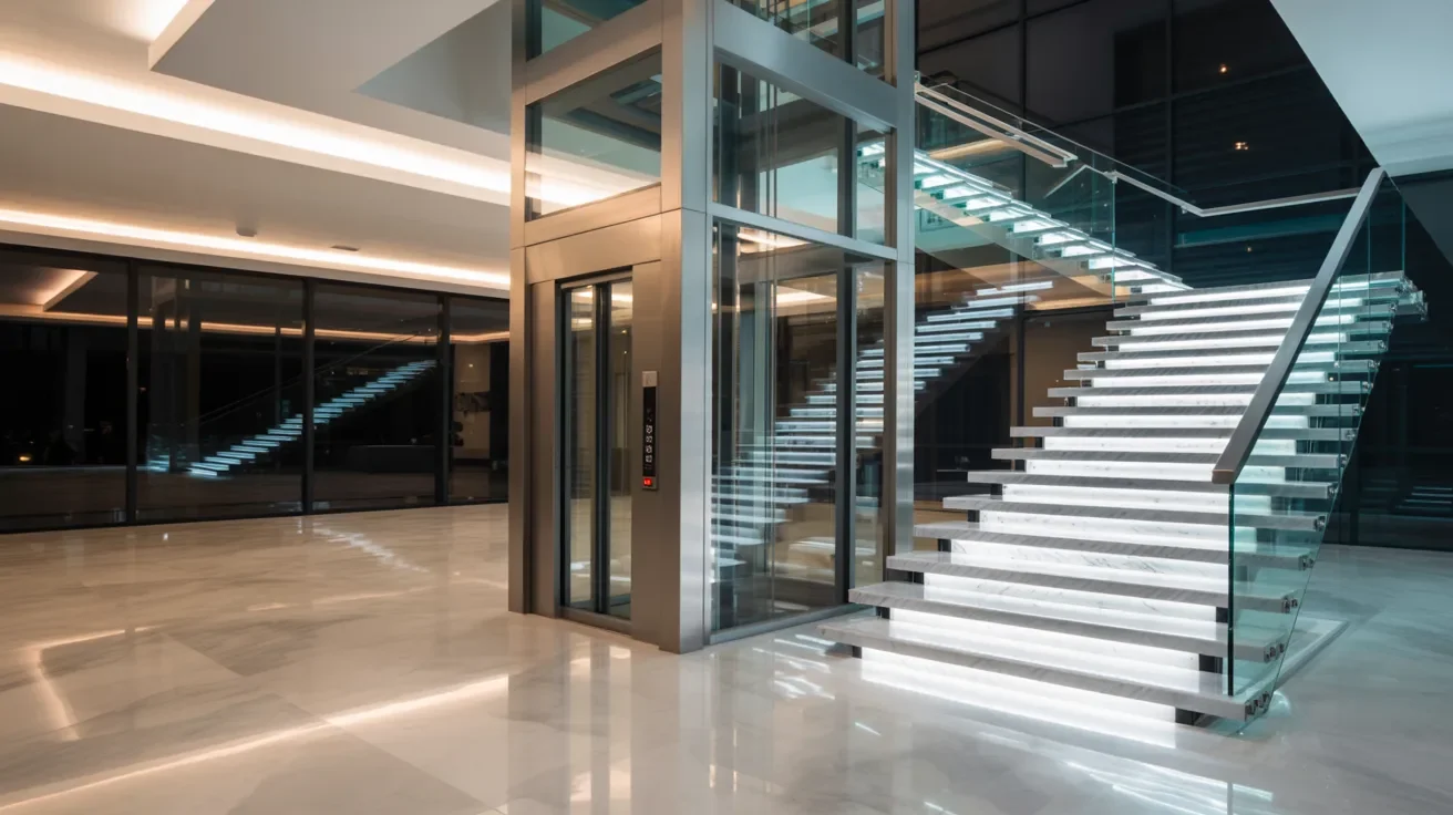 Elegant modern staircase with glass walls in a luxury home, highlighting a contemporary architectural style.