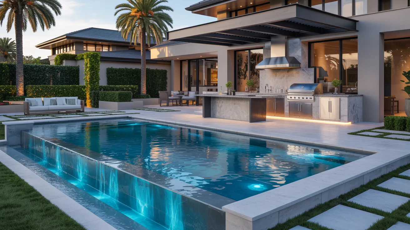 A sleek modern home featuring a pool and a stylish outdoor living area for relaxation and entertainment.