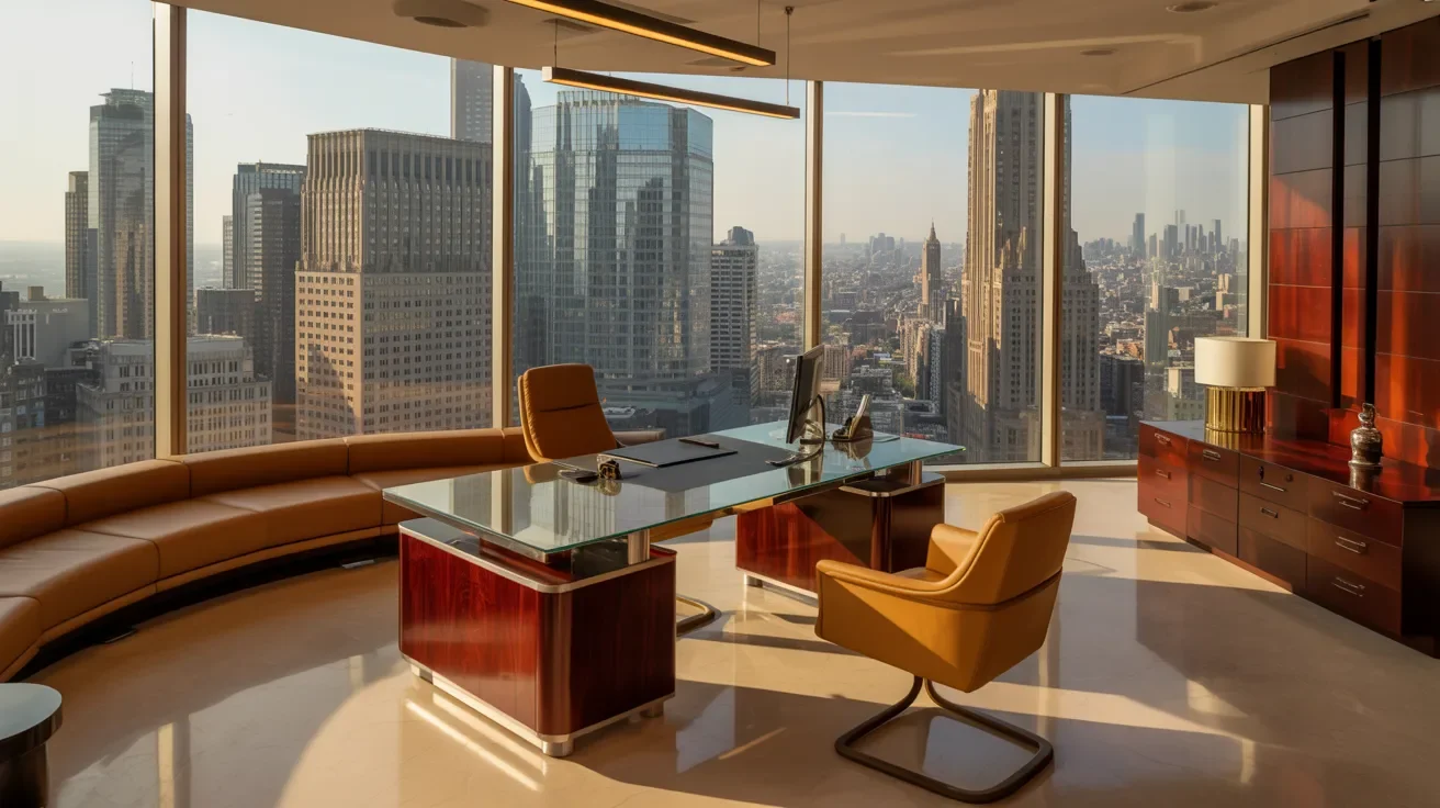 A spacious office featuring large windows with a panoramic view of the city skyline.