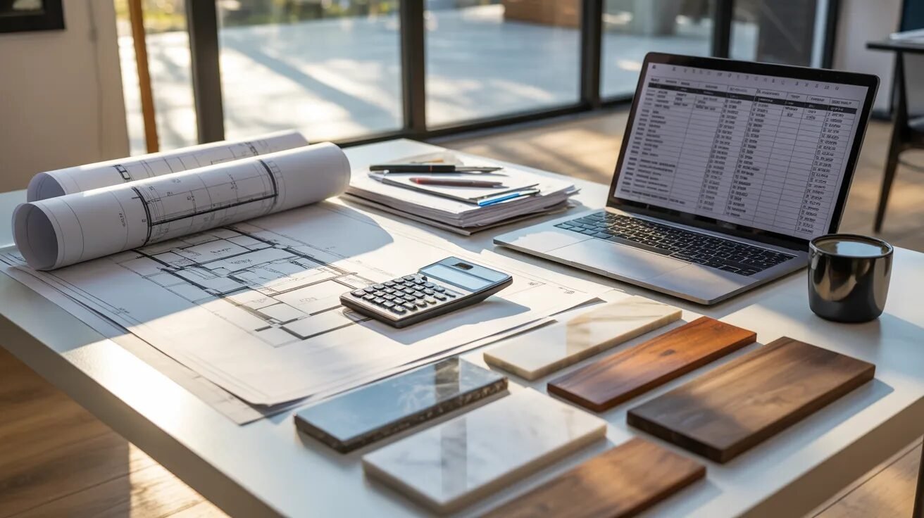 A laptop and calculator on a wooden table, surrounded by architectural blueprints.