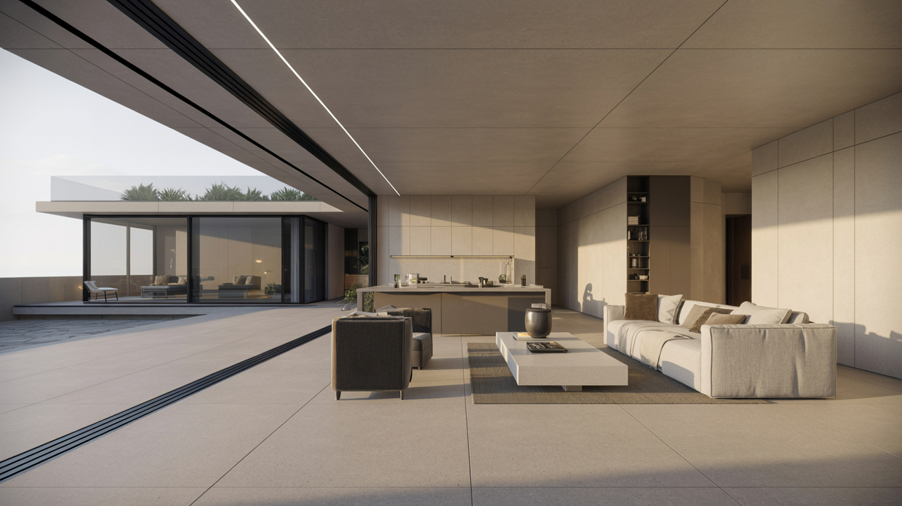 A modern living room featuring a spacious layout and large patio doors leading to an outdoor area.