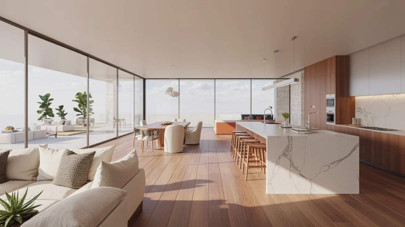 A modern kitchen and living room featuring large windows that allow natural light to fill the space.