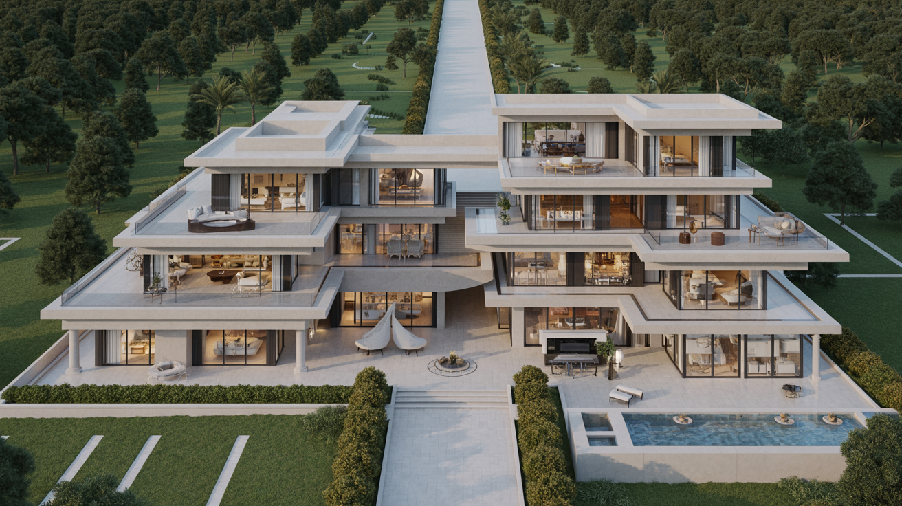 A 3D rendering of a sleek, modern mansion with large windows and a contemporary design set against a clear blue sky.
