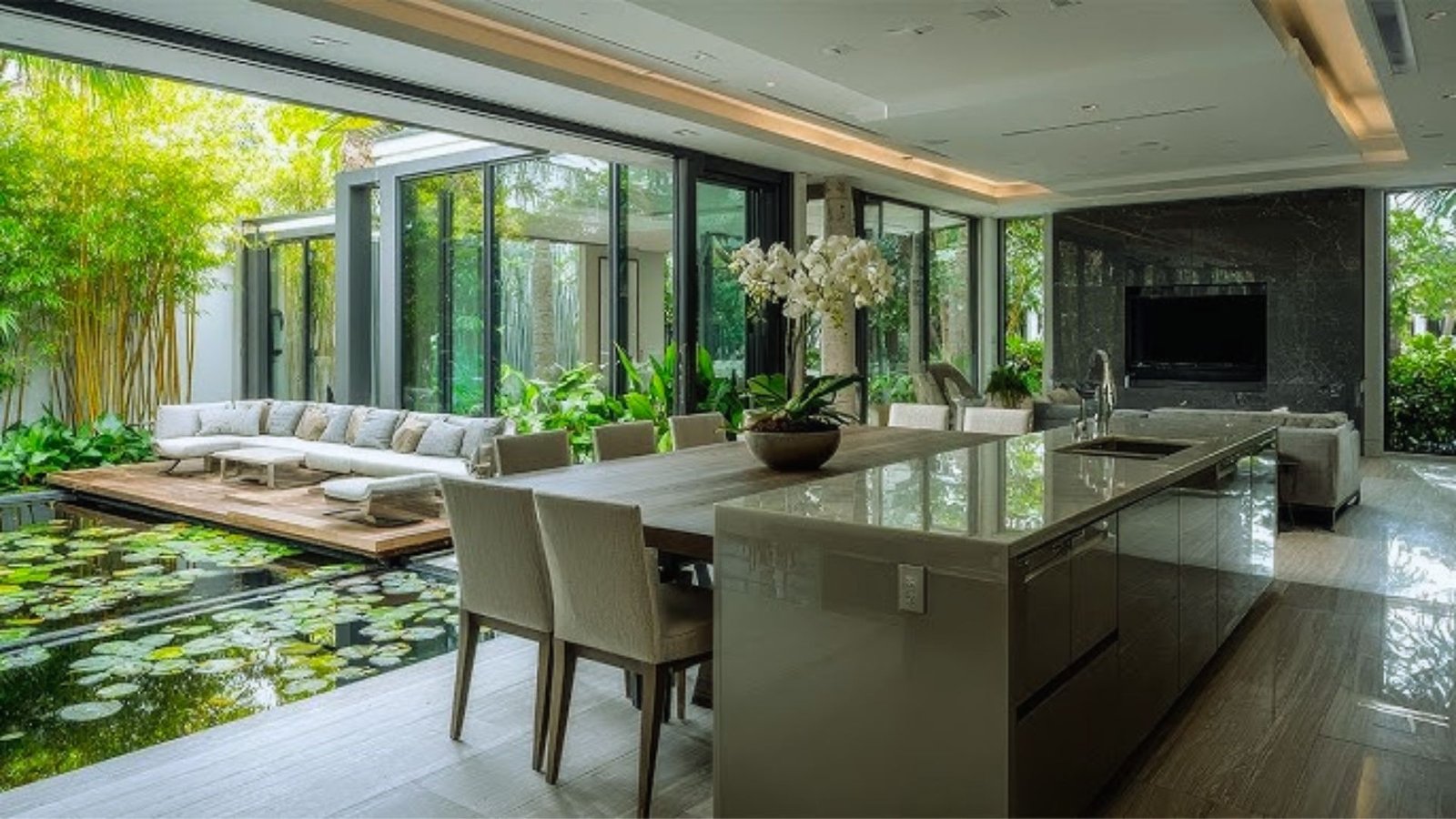 Contemporary kitchen and dining space with stylish decor and a view of a tranquil pond outside.