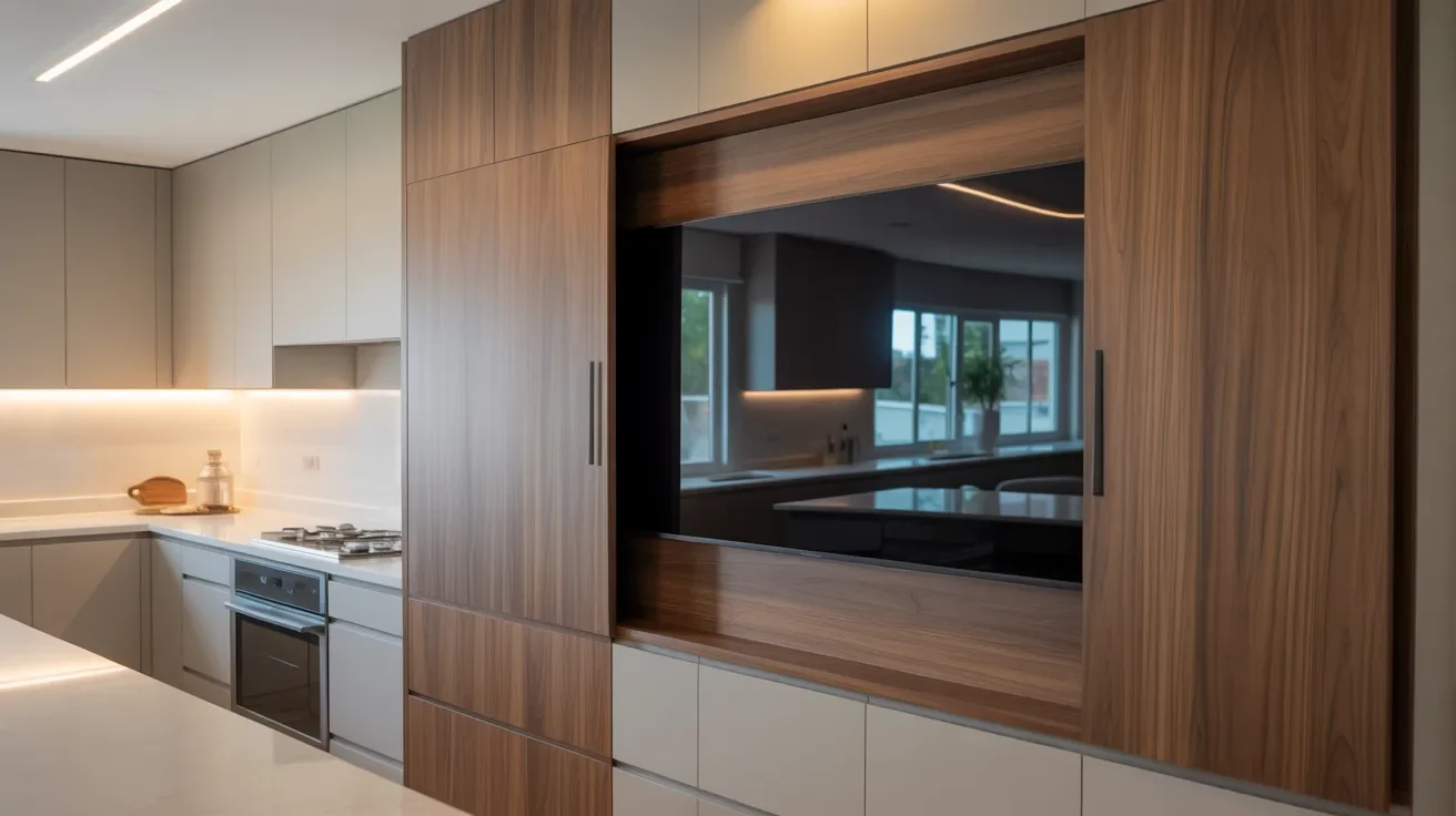 A modern kitchen featuring sleek cabinetry and a large TV mounted on the wall, creating a stylish and functional space.
